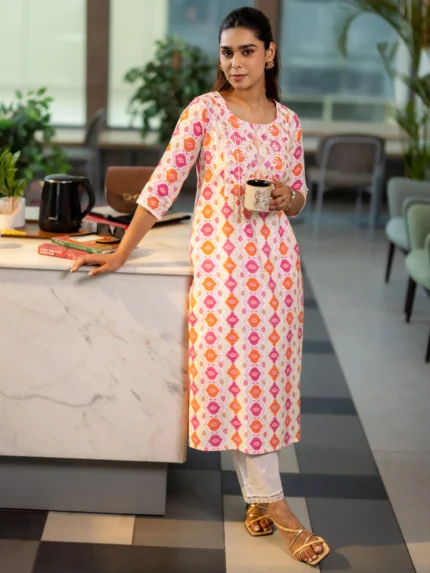 Orange Printed Silk Blend Straight Kurta