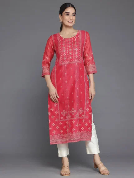 Coral Printed Chanderi Silk Straight Kurta