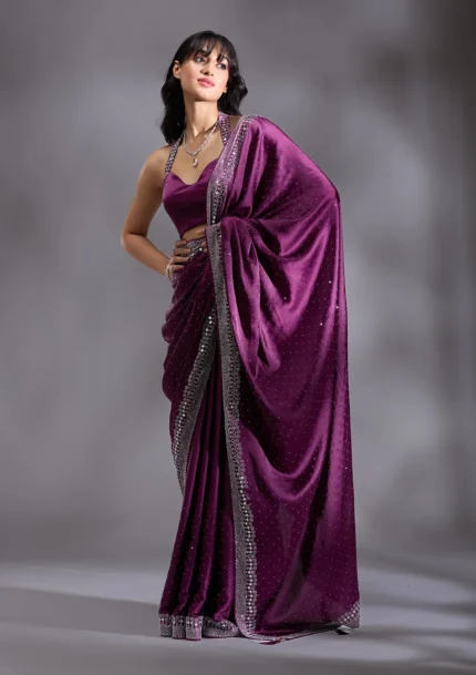 Purple Silver Stonework Satin Saree