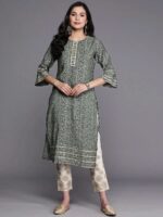 Grey Printed Silk Straight Kurta - Image 2